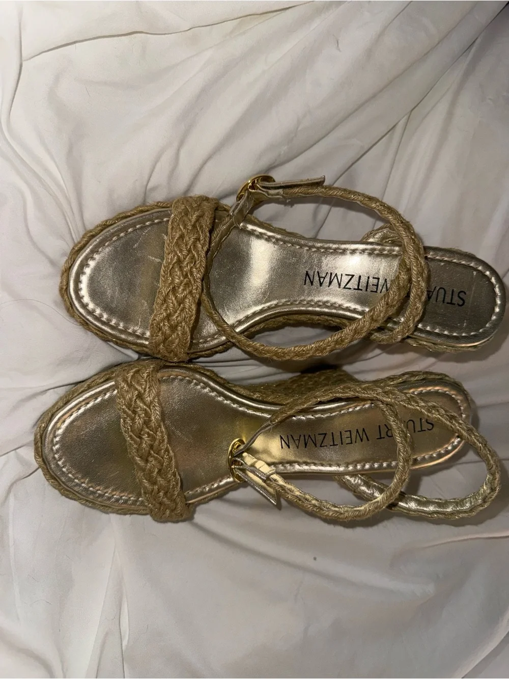 Stuart Weitzman Gold Metallic Footbed Braided Espadrille Sandals